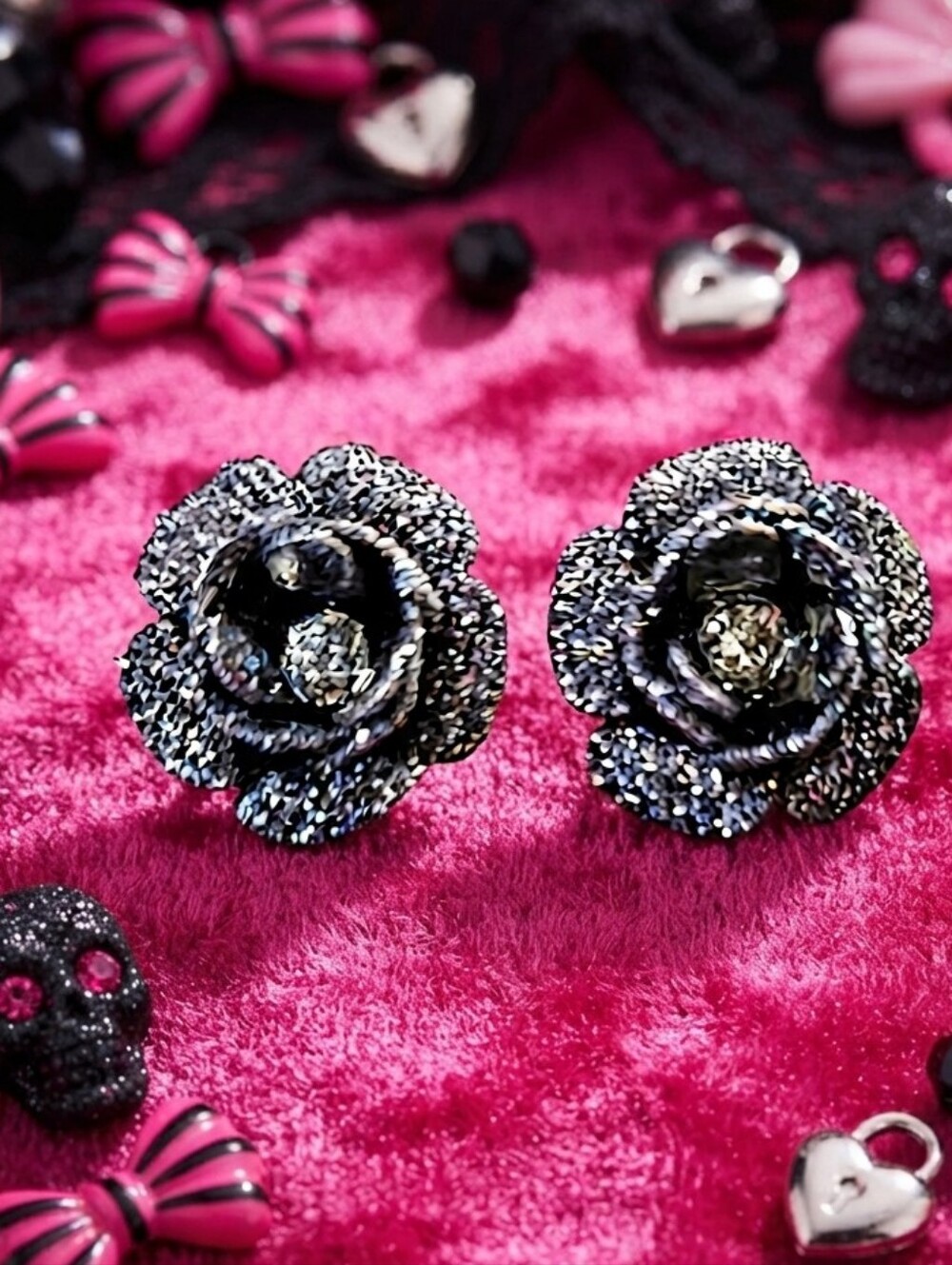 Betsey Johnson Sparkling Black & Silver Rose Stud Earrings w/Crystal Centers